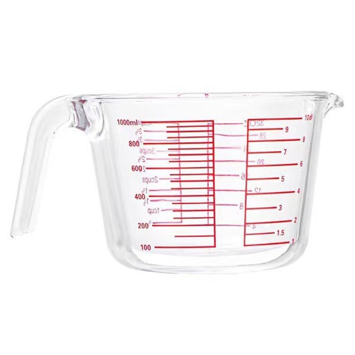 Konyhai mérőpohár 1000ml, magas hőmérsékletre alkalmas mikrohullámú sütőben, konyhákba alkalmas, folyadékok, porok és különféle anyagok pontos mérésére