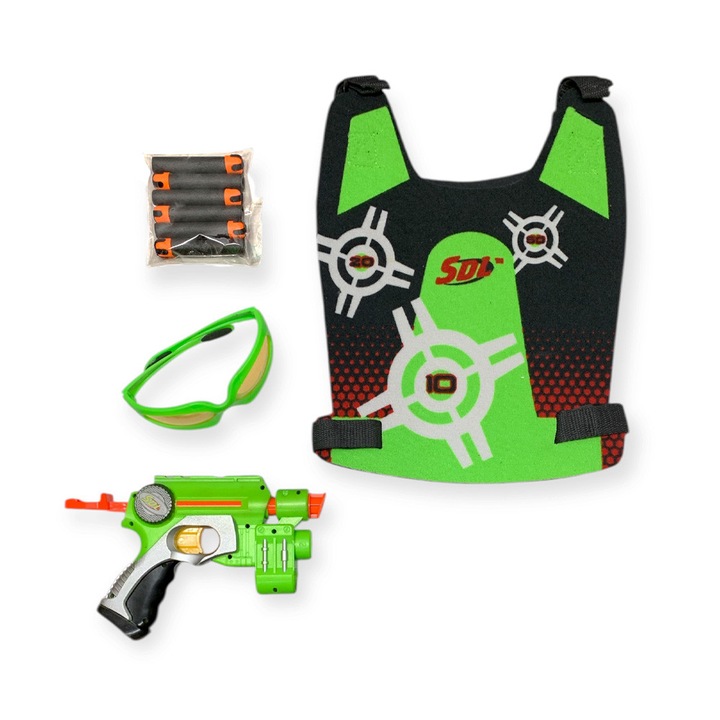 Set de joacă pentru copii cu tir Chippo SDL 628972, Blaster cu raze laser, 6 săgeți moi, vestă și ochelari, Verde