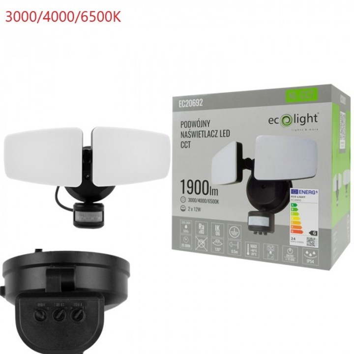 Proiector LED Ecolight 2x12W 2x950lm cu senzor de miscare PIR, IP54, 50cm