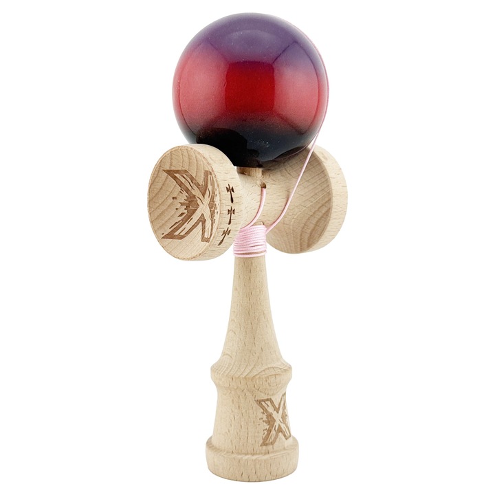 Kendama X Originala, Profesionala, By Fitilomania, Big Cups V2, Super Sticky Cupe Mari, Rulment Metalic cu Ata 55 cm, Mov/Rosu/Negru