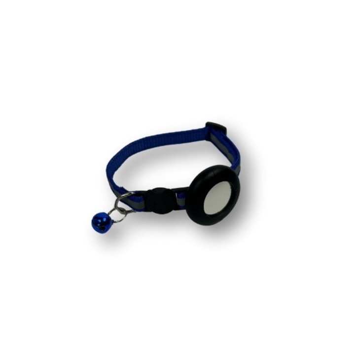 Zgarda reflectorizanta, Lungime reglabila, pentru pisici, Compatibil cu AirTag, Breloc Chei Inclus, Albastru