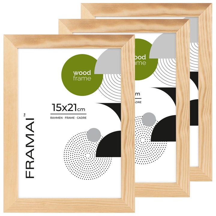 Set 3 rame foto din lemn natural RAW 15x21 cm, plexi, HDF