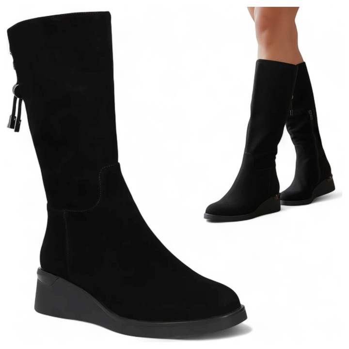 Cizme Dama, Filippo, Piele Naturala, Cu Fermoar, Imblanite, Negre, Elegante, Negru