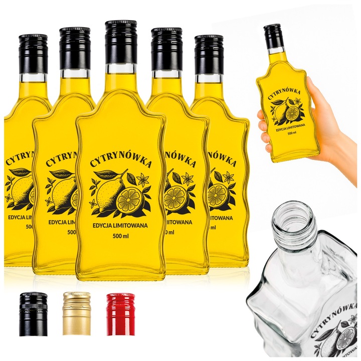 Комплект бутилки, SuperButelki, Fala, 500 мл, с принт на лимон, стъкло, затваряне с капачка, висококачествено стъкло, необичайна вълнообразна форма, 23.5 x 5.2 x 8.6 см, многоцветен, 50 броя