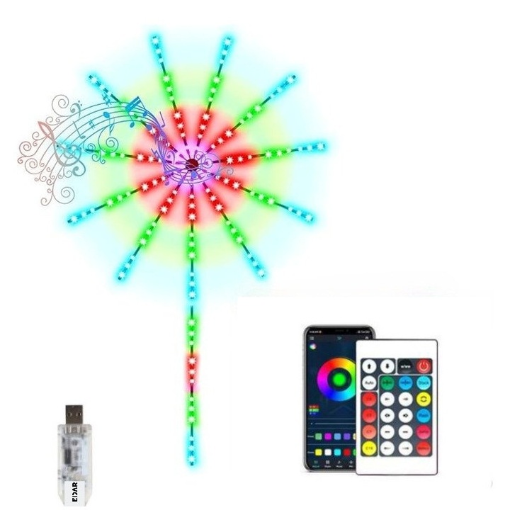 Banda LED Decorativa EDAR, Efect Artificii RGB, Control Wi-Fi si Telecomanda, Multicolor, 1 m