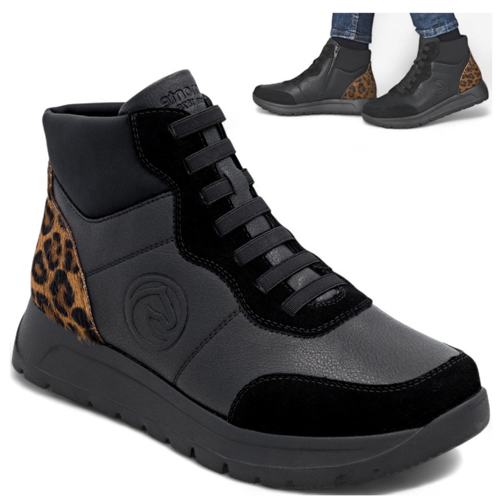 Ghete Dama, Remonte, Din Piele, Tip Sneakers, Comode, De Toamna, Negre, Negru