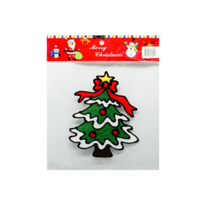 Многократен стикер Коледа, коледно дърво със златна звезда и червена панделка, 17x13 см, многоцветен