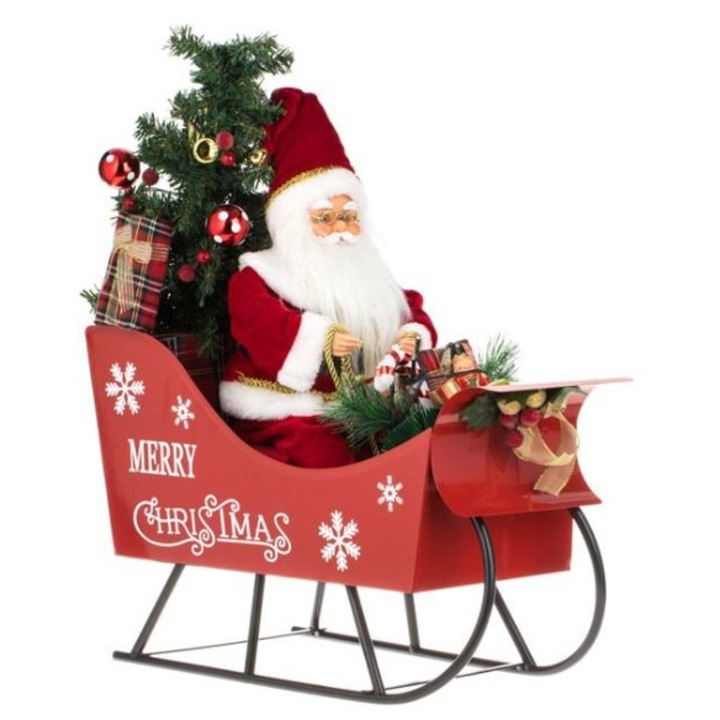 Figurină decorativă, AB HOMES, sanie cu Moș Crăciun, lumini LED și muzică, roșu, 45 cm