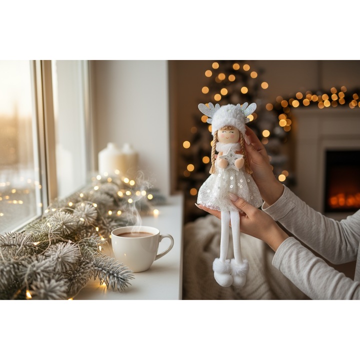 Figurină decorativă de Crăciun Rosy Rose, rochiță albă pufoasă, cizme aurii, 30cm