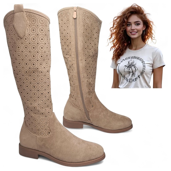 Női csizma, Barski, cowboy stílusú, kivágott, velúr, őszi, elegáns, bézs 38