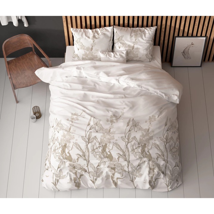 Sleeptime Elegance Flynn ágyneműhuzat, 140 x 220 cm, 80% pamut + 20% poliészter, kétoldalas virágmintás, fehér