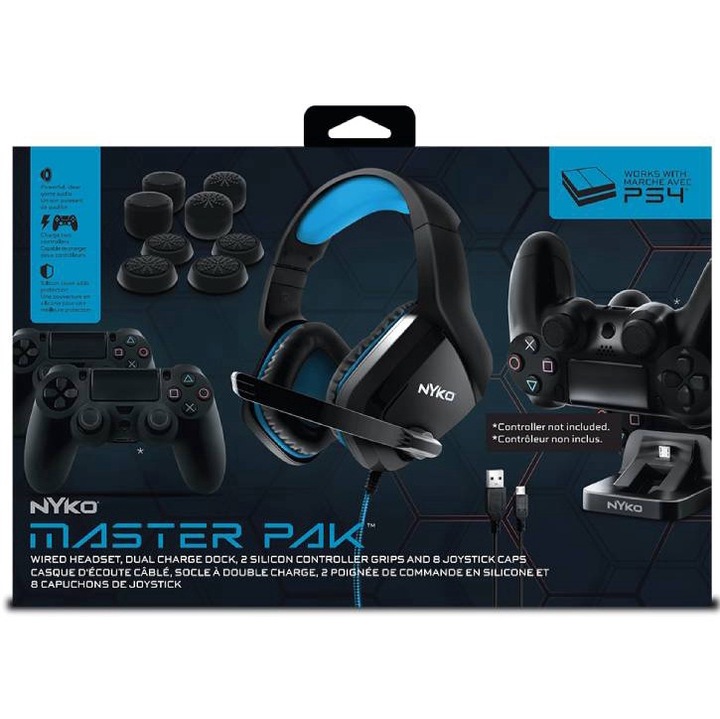 Комплект аксесоари Nyko Master Pack за PlayStation 4, две устройства за зареждане, слушалки с микрофон, черен