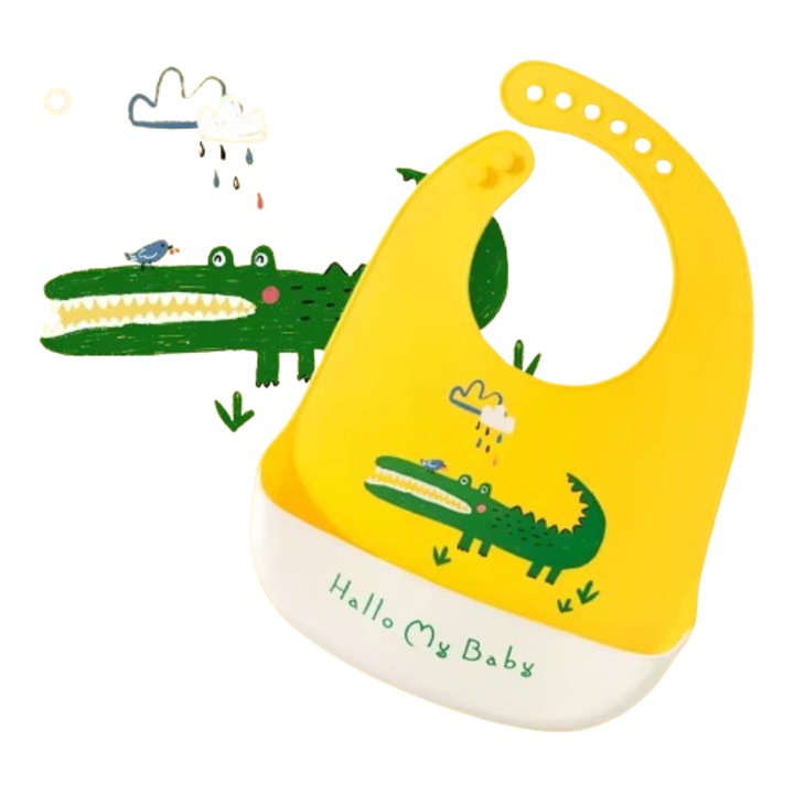 Силиконов лигавник с джоб, водоустойчив, за отбиване, Watwass, 6-24 месеца, 22.5 x 32.5 см, модел крокодил