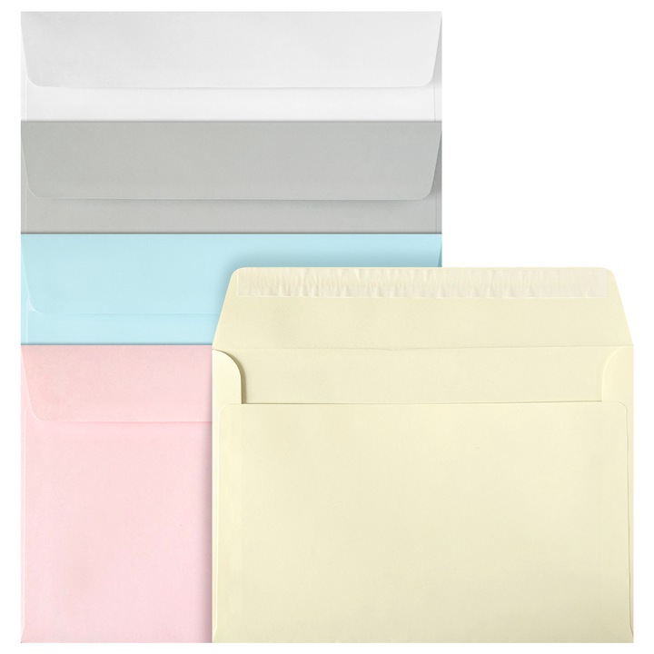 Комплект декоративни пликове, Netuno, хартия, C5, 162 x 229 мм, цветни, идеални за изпращане на покани, поздравителни картички, писма, триъгълна клапа със залепващ слой отдолу, пастелни, 20 броя