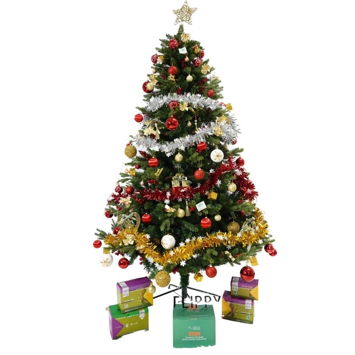 Set brad artificial de Craciun si elemente decorative, decorat cu conuri pin rosii, inaltime 210 cm, diametru 137 cm, 1172 ramuri, Leski, verde, suport metalic inclus