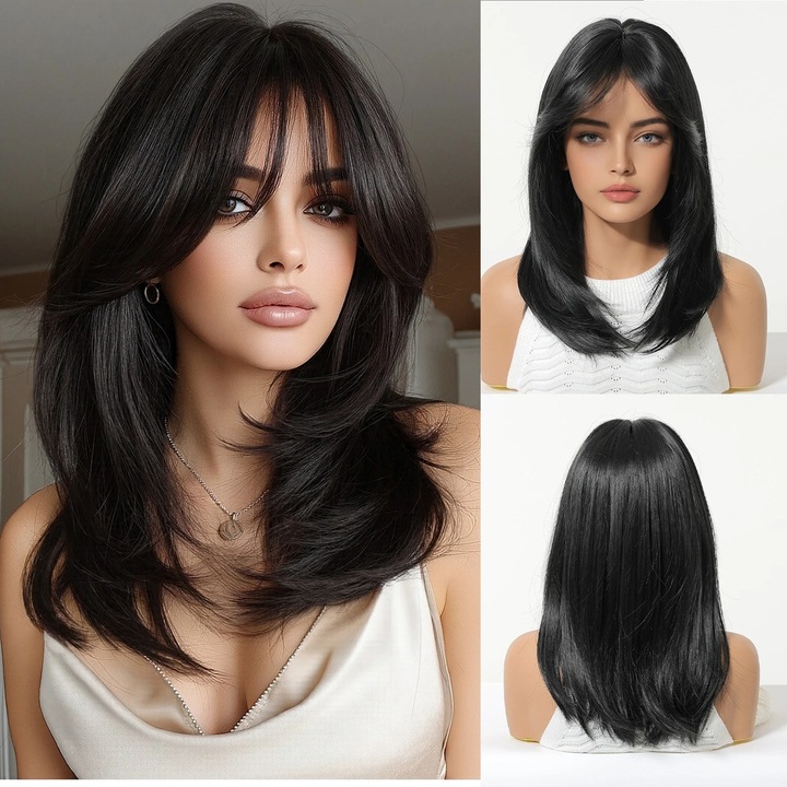 Perucă Neagră Animis Beauty, 40 cm, fibră sintetică premium, păr drept, semibreton