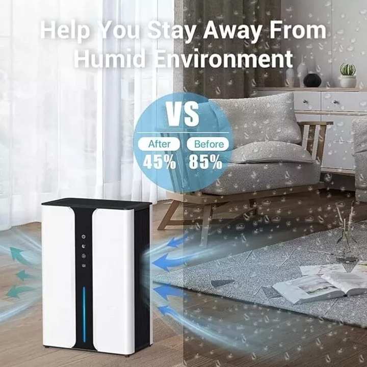 Dezumidificator si purificator, Aiorber, Purificare a aerului cu ioni negativi, afisaj LED, control inteligent al umiditatii, Rezervor 3000ml, iluminare RGB colorata, alb
