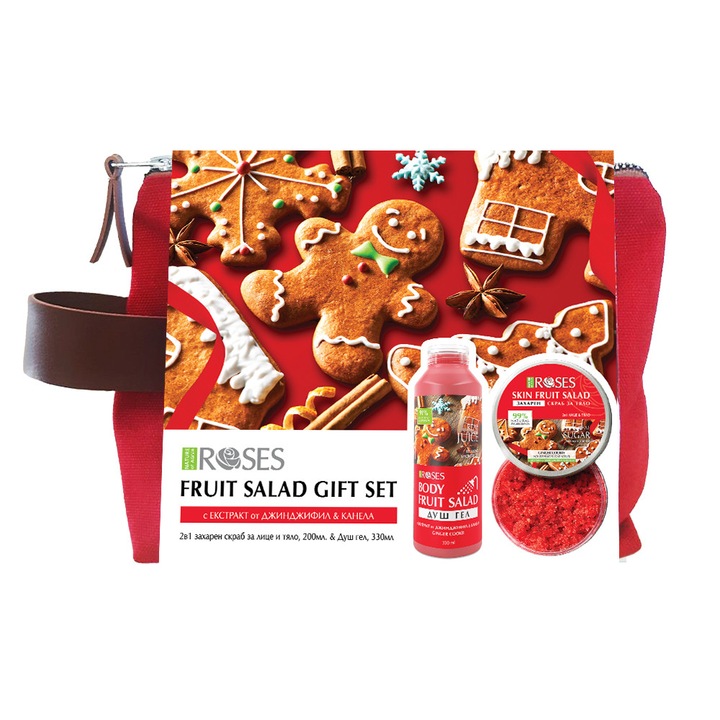 Коледен комплект Nature of Agiva Roses Ginger Cookie, Захарен скраб за лице и тяло, Натурален душ гел, Несесер