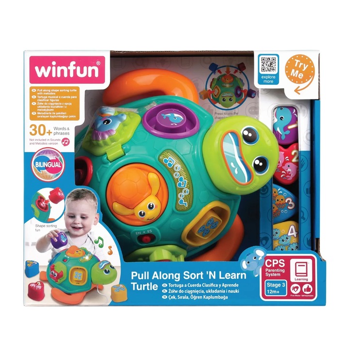 Jucărie interactivă de tras Winfun, testoasă cu formare, 4 forme, culori, multicolor, pentru băieți, 1 an