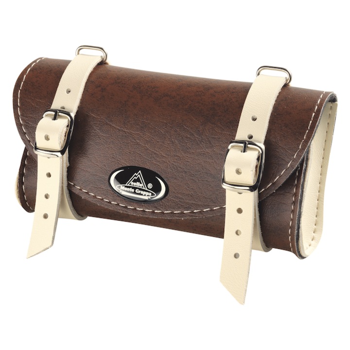 Mini geantă pentru bicicletă, montare pe șa de bicicletă BORSELLO 0016 din piele SKAI italiană, culoare maro închis crem SC-CR