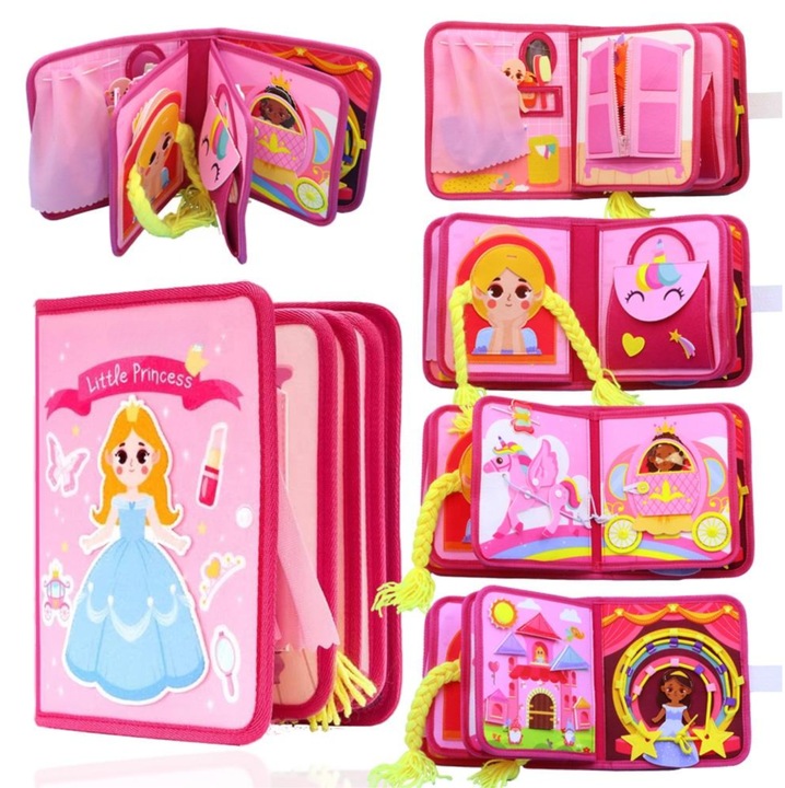 Carte senzoriala Busy book Montessori, tematica printese, 20 de activitati, fetru, 23x19x9 cm