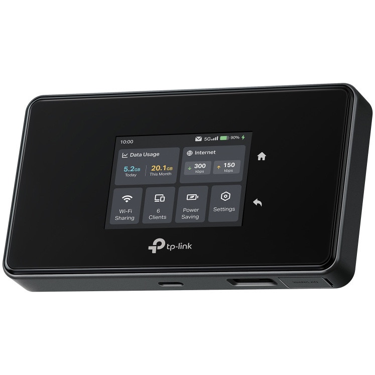 Router Wireless Portabil TP-Link M8550 5G LTE, Tri-Band AXE3600, ecran tactil, pana la 32 dispozitive, VPN, Gigabit RJ45, slot nano SIM, 2 x port TS-9, baterie 4680mAh