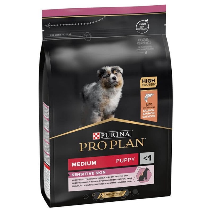 Hrana uscată pentru câini Pro Plan Medium Puppy cu somon, 3 kg, îngrijire piele și blană