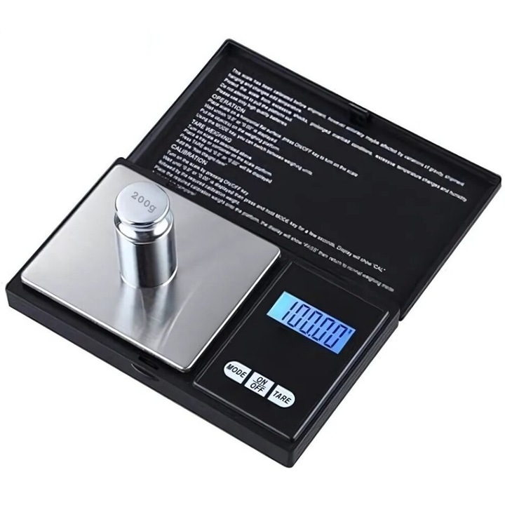 Cantar Portabil Pentru Bijuterii QRYX®, Ideal Pentru Bijuterii, Afisaj LCD, Cu Dimensiuni Reduse, 500 x 0.01, Functionare Cu Baterii, Culoare Negru