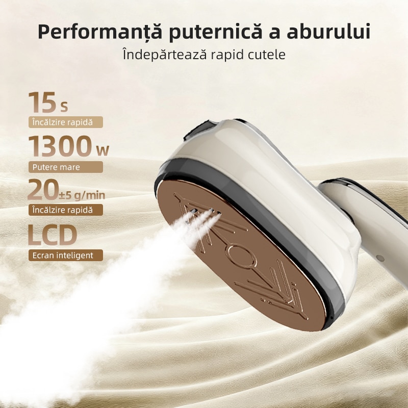 Aparat de calcat portabil 5 in 1 Qtenzivize, cu aburi si uscat, Afisaj LCD, 6 moduri reglabile, 1300 W, Abur 20±5 g/min, Rezervor 160ml, Calcare verticala si orizontala, pentru haine, draperii, Alb