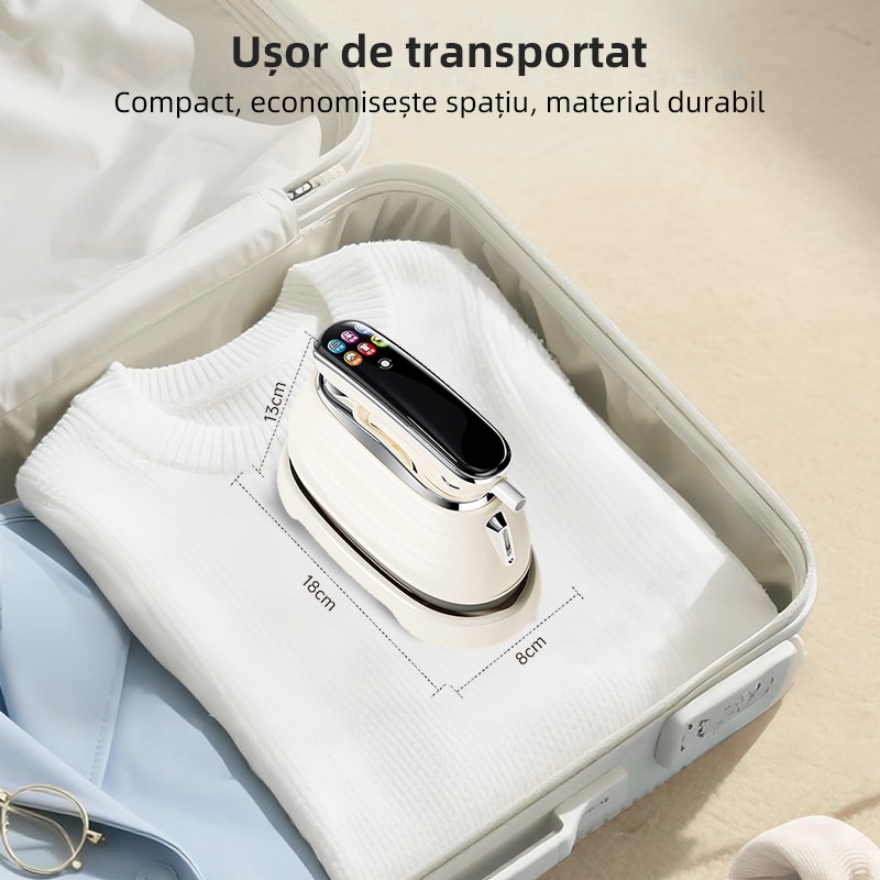 Aparat de calcat portabil 5 in 1 Qtenzivize, cu aburi si uscat, Afisaj LCD, 6 moduri reglabile, 1300 W, Abur 20±5 g/min, Rezervor 160ml, Calcare verticala si orizontala, pentru haine, draperii, Alb