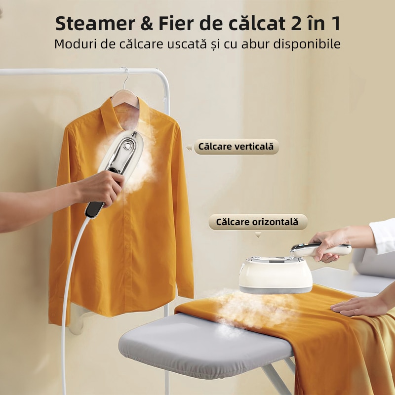 Aparat de calcat portabil 5 in 1 Qtenzivize, cu aburi si uscat, Afisaj LCD, 6 moduri reglabile, 1300 W, Abur 20±5 g/min, Rezervor 160ml, Calcare verticala si orizontala, pentru haine, draperii, Alb
