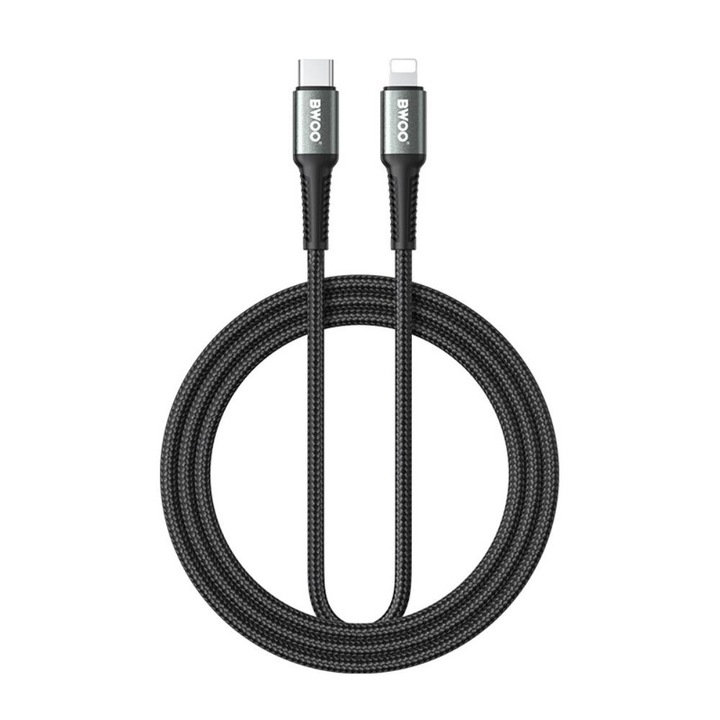Töltő- és adatkábel, fonott BWOO, BO-X288C-L, USB-C - Lightning, 2m, 27W, Fekete