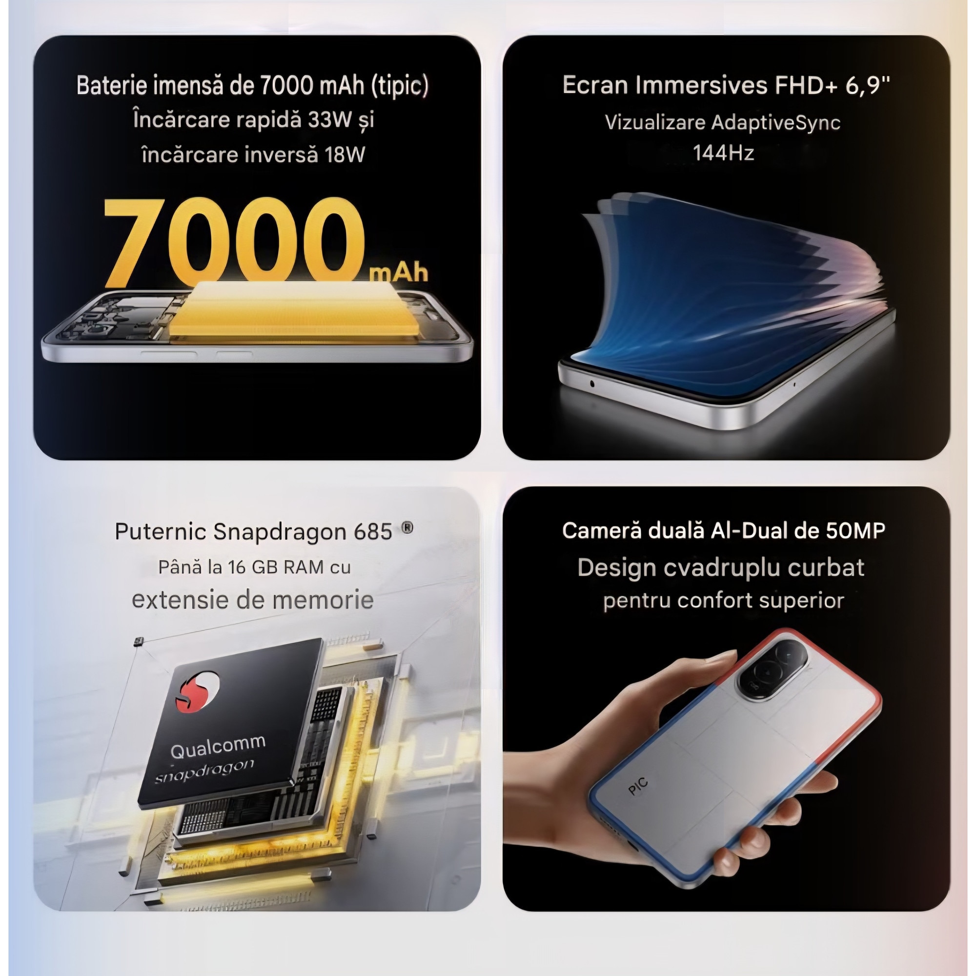 Telefon smartphone, Xiaomi POCO M7, 6GB RAM, 128GB, Display 6.9" FHD+ 144Hz, Snapdragon 685, Camera Duala AI 50MP, Baterie 7000mAh, Silver