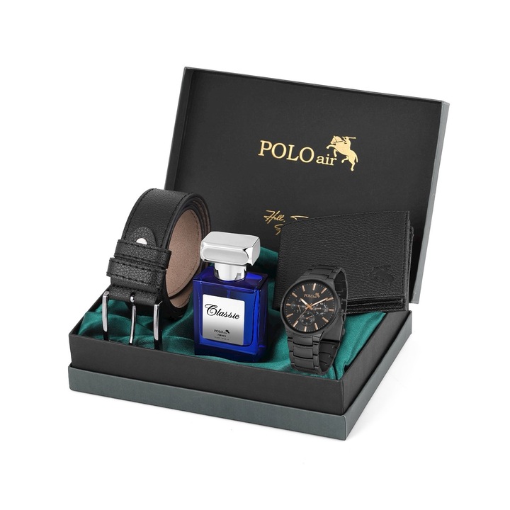 Мъжки комплект, POLO Air, Портфейл, Колан, жълт циферблат, 55мл Парфюм, черен