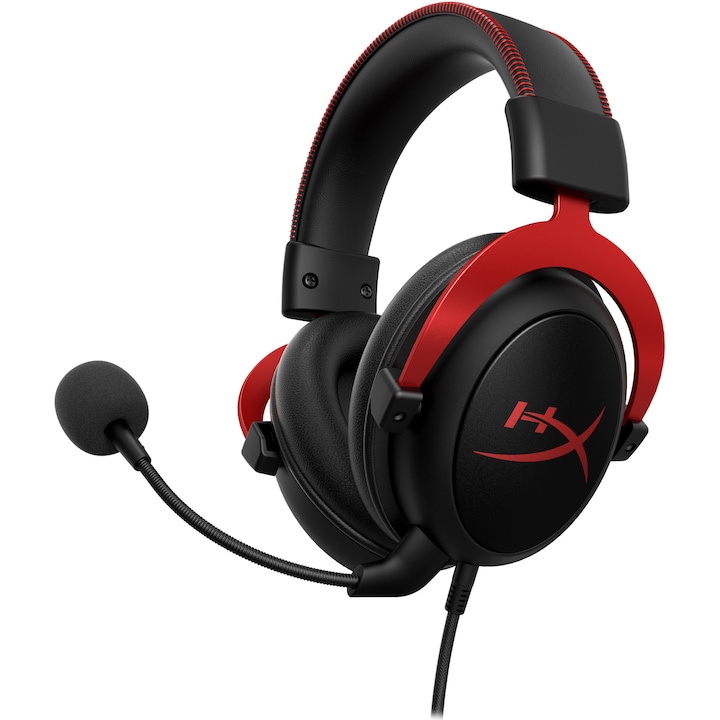 Casti gaming HyperX Cloud II Black-Red, surround 7.1 virtual, USB/jack 3,5mm, microfon detasabil cu noise cancelling, cupe cu spuma cu memorie, multiplatforma, negru/rosu