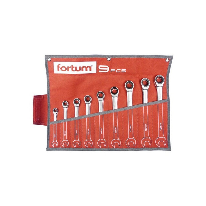 Set chei cu cap deschis cu clichet Fortum 9 buc 8-19 mm