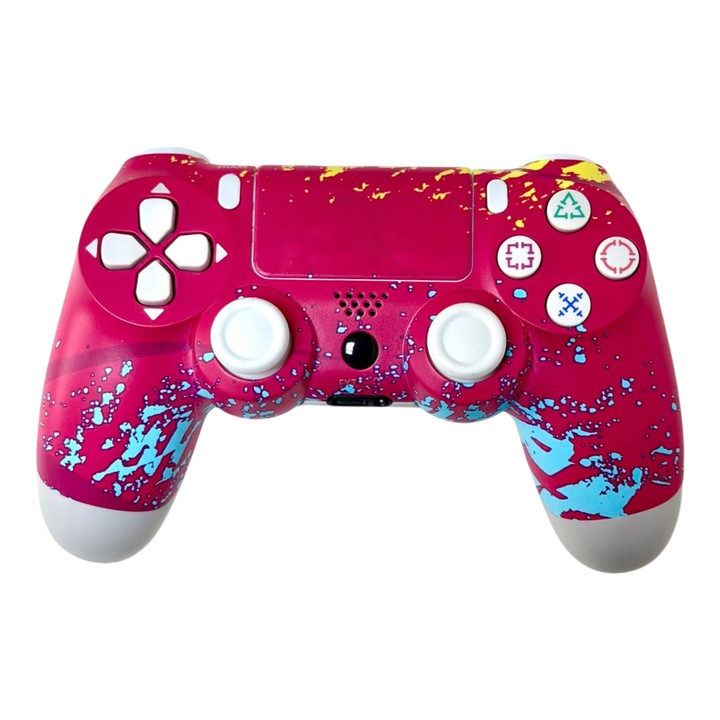 Безжичен контролер за PS4, HAPPY JOKER, тъмнорозови графити, вибрации, с включен кабел за зареждане