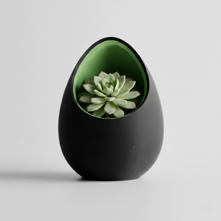 Ghiveci decorativ tip ou, culoare Midnight Onyx & Verde Oliv, plastic PLA, 16cm inaltime