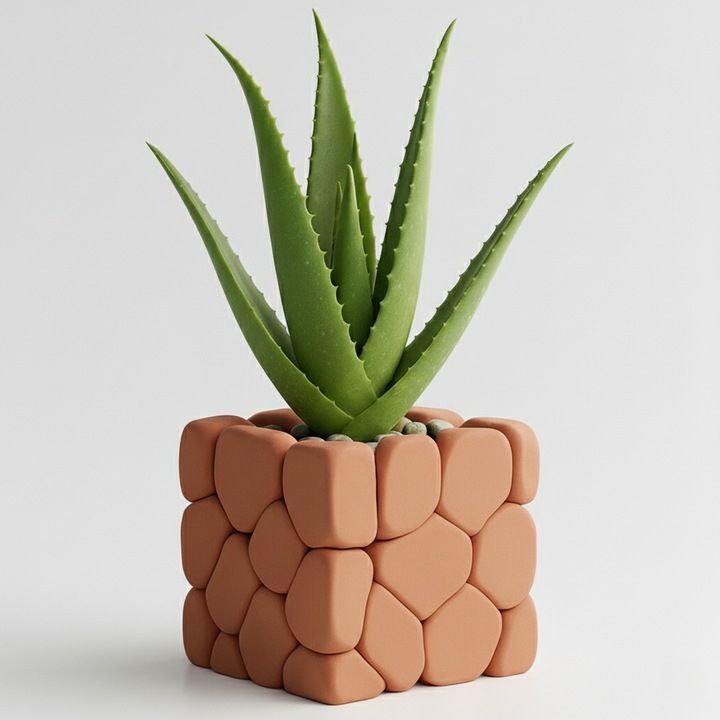 Ghiveci decorativ cu design stone touch, culoare Terracotta Ember, plastic PLA, 9cm inaltime