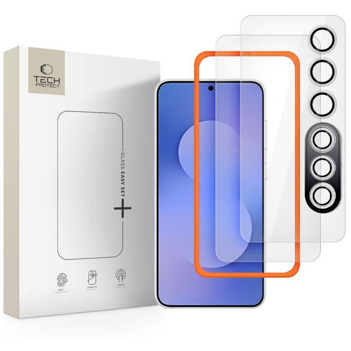 Tech-Protect Easy Set Plus védőkészlet, 2x képernyővédő fólia, 1x kamera védő, 2x telepítő készlet, kompatibilis Samsung Galaxy S25 FE, átlátszó