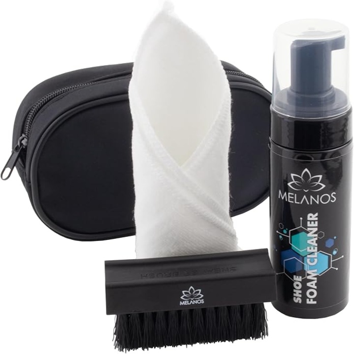 Kit de curatare a incaltamintei din trei piese, 150 ml solutie spumanta, perie si un prosop din microfibra