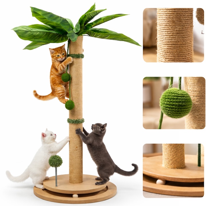 Ansamblu de joaca pentru pisici Miau Miau tip palmier 84 cm – stalp sisal rezistent, baza stabila din MDF, bile interactive, design exotic decorativ, centru complet pentru joaca, catarare si ascutirea ghearelor, Maro