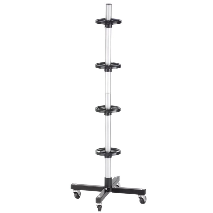 Suport anvelope, cauciucuri, vertical pentru 4 cauciucuri cu pana la 225 mm latime, cu roti pivotante, greutate maxima 100 Kg, otel