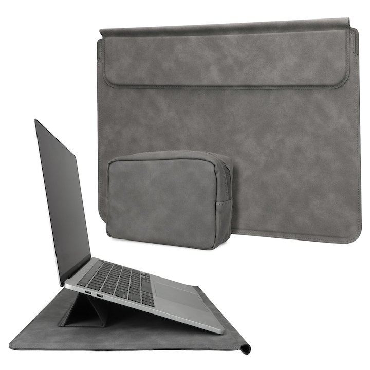 Husa Kwmobile Pentru Apple Macbook 13" 14" 15" Laptop/Notebook/Ideapad - Husa Cu Functie De Suport Si Buzunar Suplimentar - Husa De Protectie Din Piele Ecologica, Gri