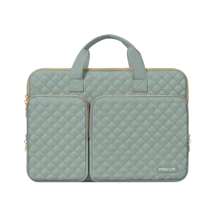 Husa De Protectie Mosiso 360 Pentru Laptop De 13, 3 Inch, Geanta De Laptop De 13-13, 3 Inch Compatibila Cu Macbook Air/Pro 13/Pro 14, Hp Dell Asus Lenovo, Geanta Patrata Matlasata Cu 2 Buzunare, Maner Si Curea, Verde Antic