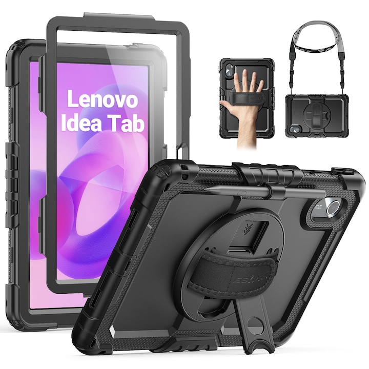Husa Seymac Pentru Lenovo Idea Tab 11 Inch 2025/Tab M11/Xiaoxin Pad/Tab K11 Gen 2 11 Inch (Tb336/Tb330/Tb331/Tb335), Cu Protectie Pentru Ecran, Suport Rotativ La 360°, Curea De Umar, Suport Pentru Pix, Neagra