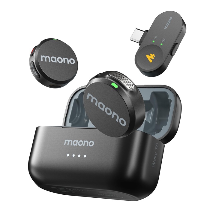 Безжичен Lavalier микрофон Maono за iPhone 15/16, Android (USB-C конектор) - Микрофон за мобилен телефон с 48Khz/24Bit, 30 часа живот на батерията, 300M обхват, шумопотискане. Мини микрофон за запис за влогове