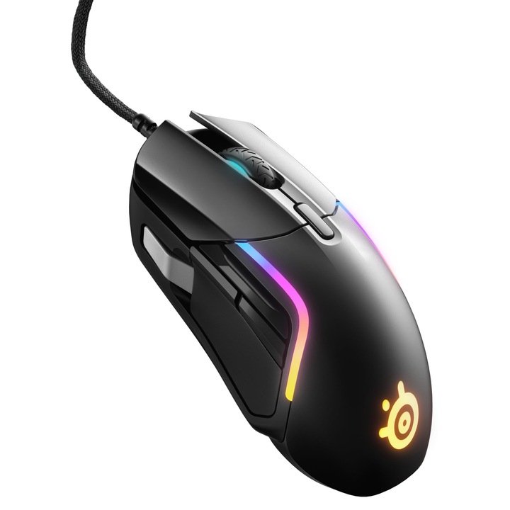 Мишка за игри Steelseries Rival 5 с кабел, оптична, ергономична, осветена, черна, сива, 62551