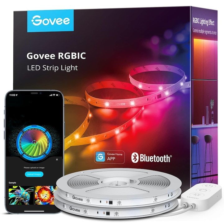 Banda led rgbic GOVEE® 20 m cu control pe segmente, 16 milioane de culori, sincronizare muzica, 64 moduri scena, control prin aplicatie bluetooth, diy mode, temporizator, lumini ambientale decorative pentru dormitor, living sau petreceri
