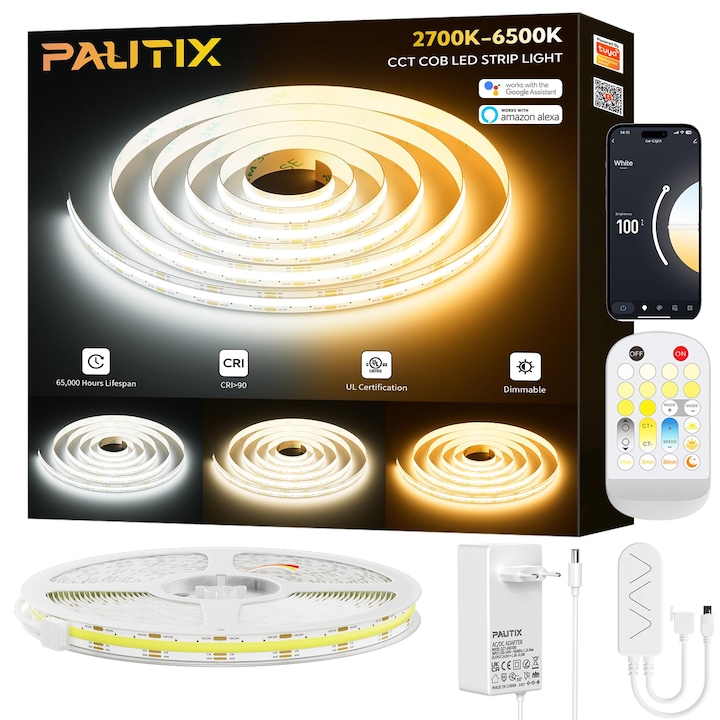 PAUTIX Wifi Cob CCT Intelligens LED Szalag 5M, Szabályozható Fehér 2700K-6500K, 24V, Alexa/Google Assistant kompatibilis, konyhába, szobába, TV-hez